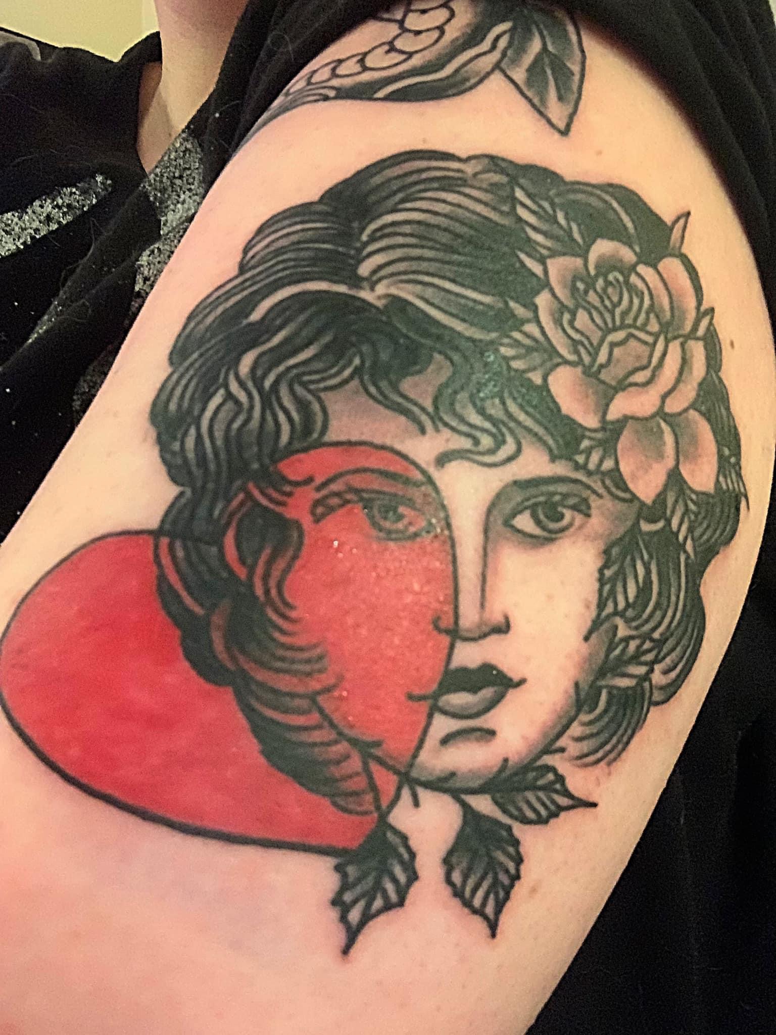 Lady head with heart and rose